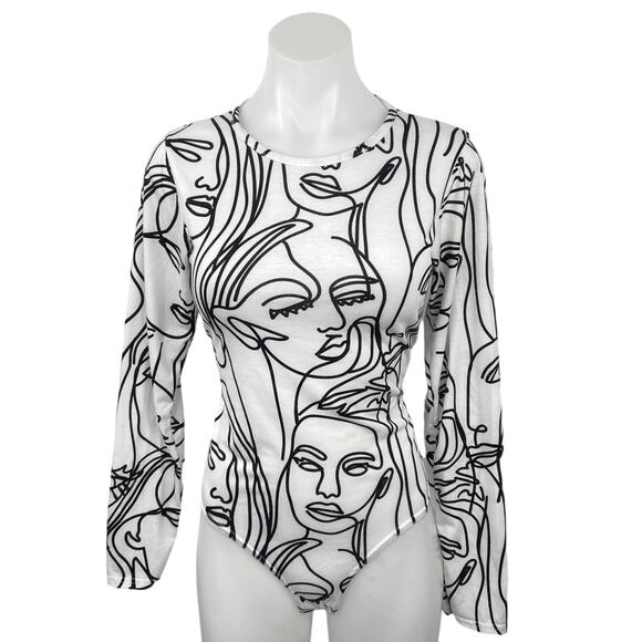 PrettyLittleThing White Abstract Face Print Crew Long Sleeve Bodysuit Top Sz 10 - Picture 1 of 5